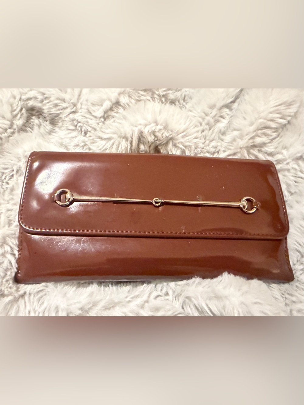 Gucci Brown Patent Leather Clutch with Gold-Tone Bar